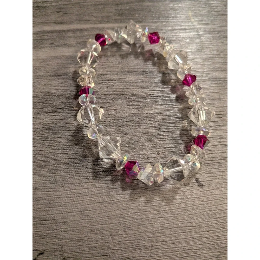 Handmade Magenta Pink and Clear AB Crystal Beaded Stretch Bracelet Faceted Glass